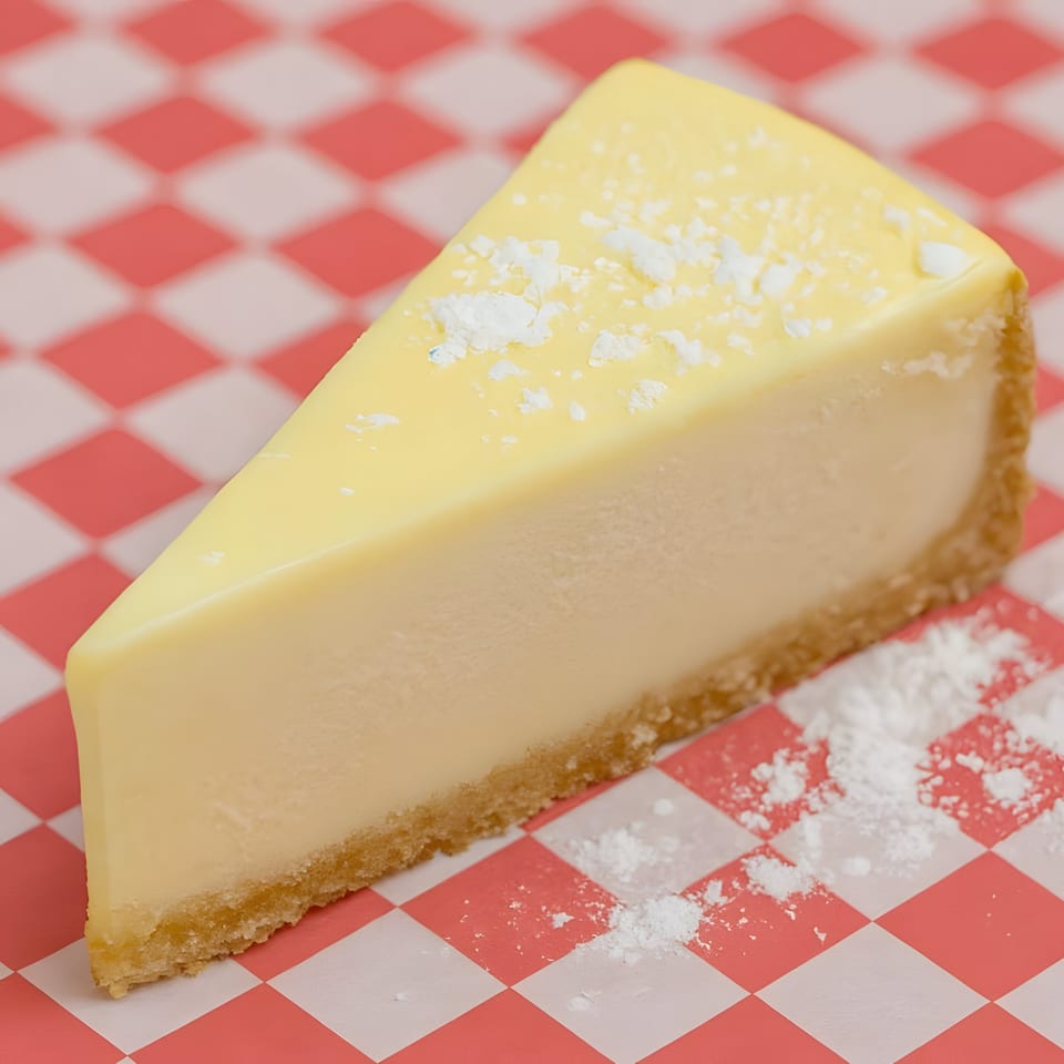A slice of cheesecake with powdered sugar on a red and white checkered paper.