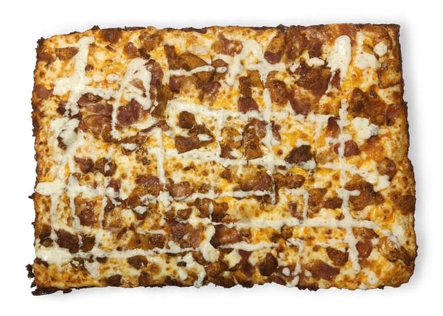 Buffalo Chicken Bacon Ranch Deep Dish Pizza.