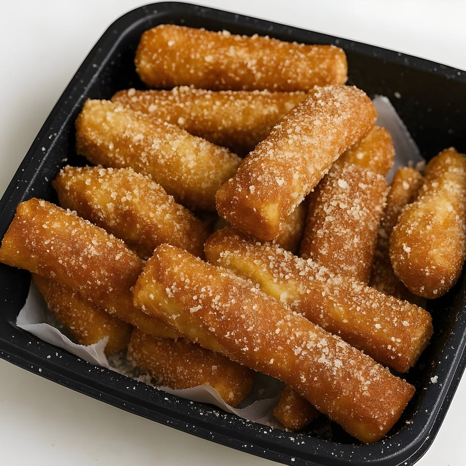 A black container filled with golden-brown, sugar-dusted breadsticks, resting on white parchment paper.