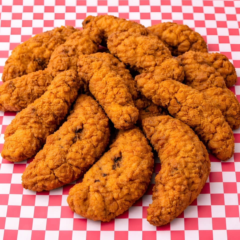 Pile of golden-brown fried chicken tenders on a red and white checkered paper.