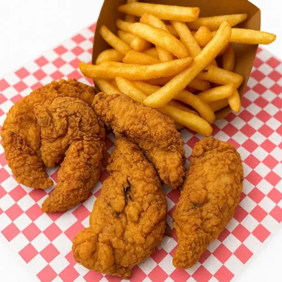 Crispy fried chicken tenders and golden french fries on a red and white checkered paper.