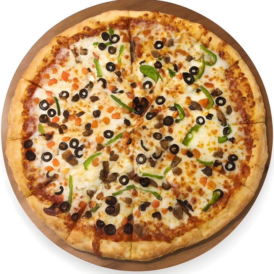 Halal Pizza's veggie pizza, topped with olives, mushrooms, green peppers, and orange bell peppers.