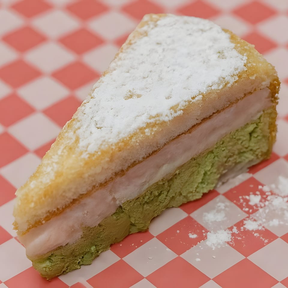 A slice of dessert with a golden top, white middle, and green bottom, dusted with powdered sugar.