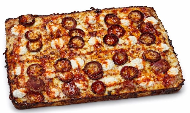 Hot Honey Pepperoni Deep Dish Pizza.