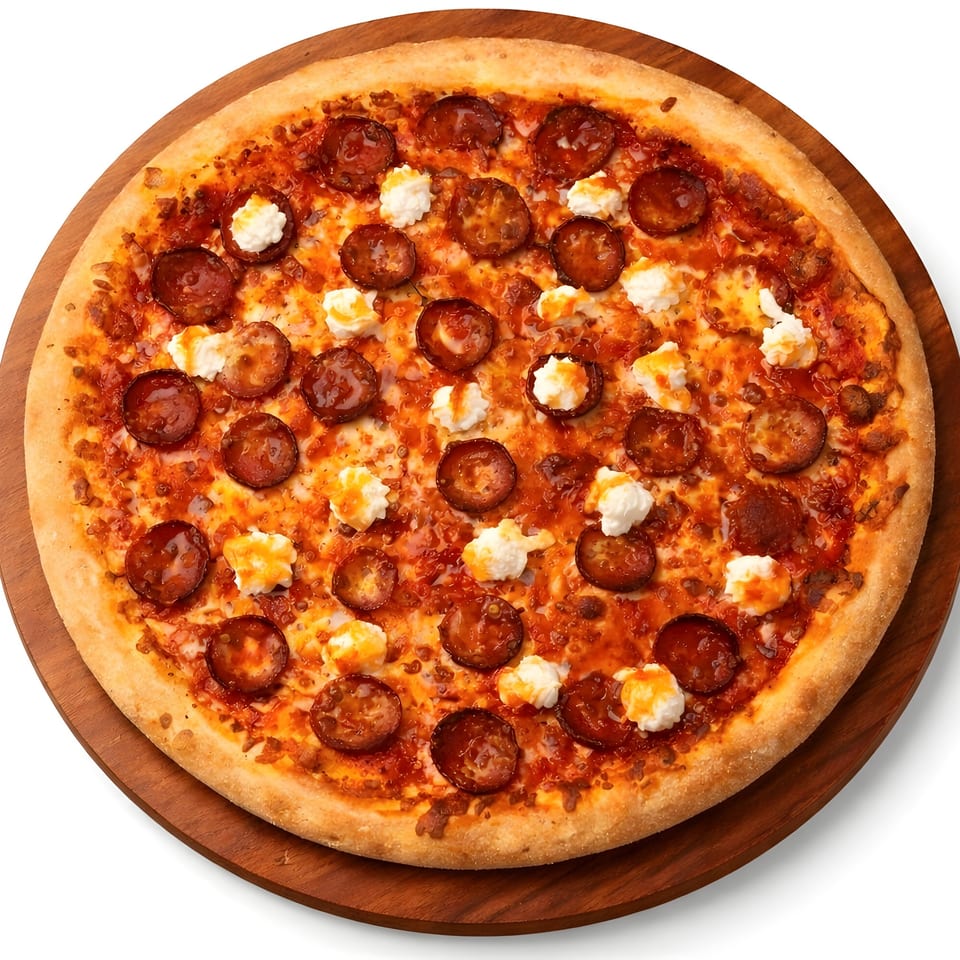 Halal Pizza's pepperoni pizza with dollops of ricotta cheese and hot honey on a wooden board.