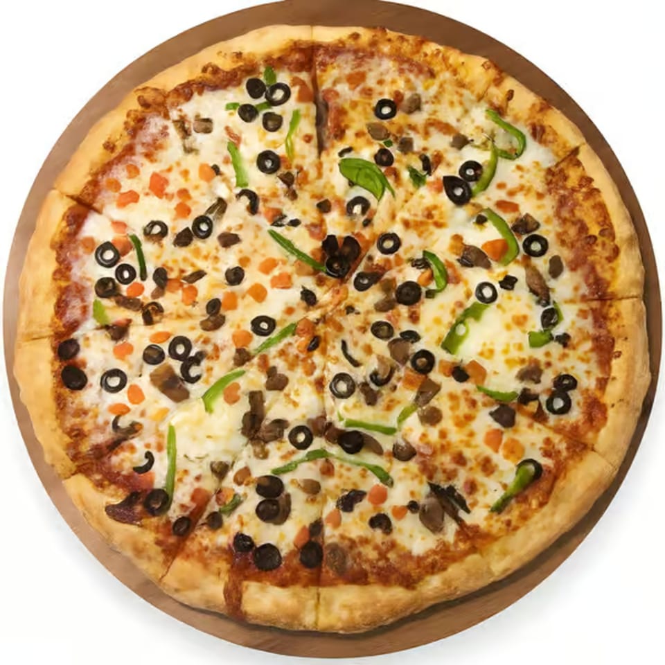 Halal Pizza from Canton, topped with black olives, green peppers, mushrooms, and orange bell peppers.