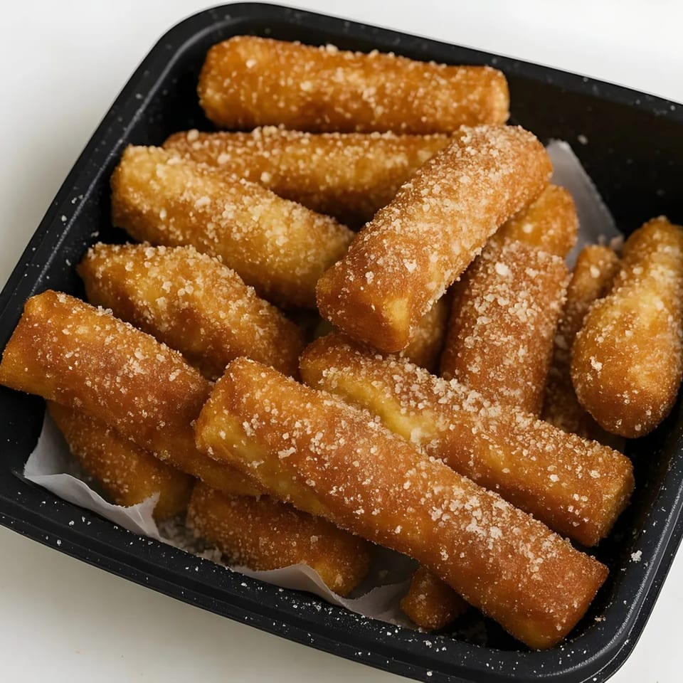 A black container filled with golden-brown, sugar-dusted churro-like sticks from Halal Pizza.