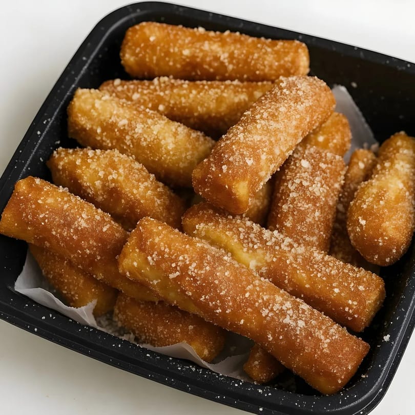 A black container filled with golden-brown, sugar-dusted churro-like sticks from Halal Pizza.